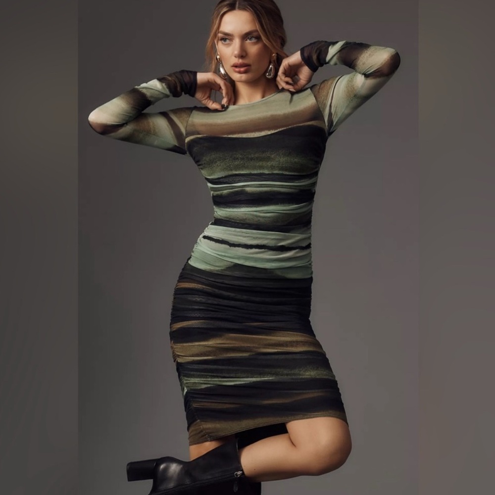 Anthropologie Ruched Long Sleeve Mock Neck Dress